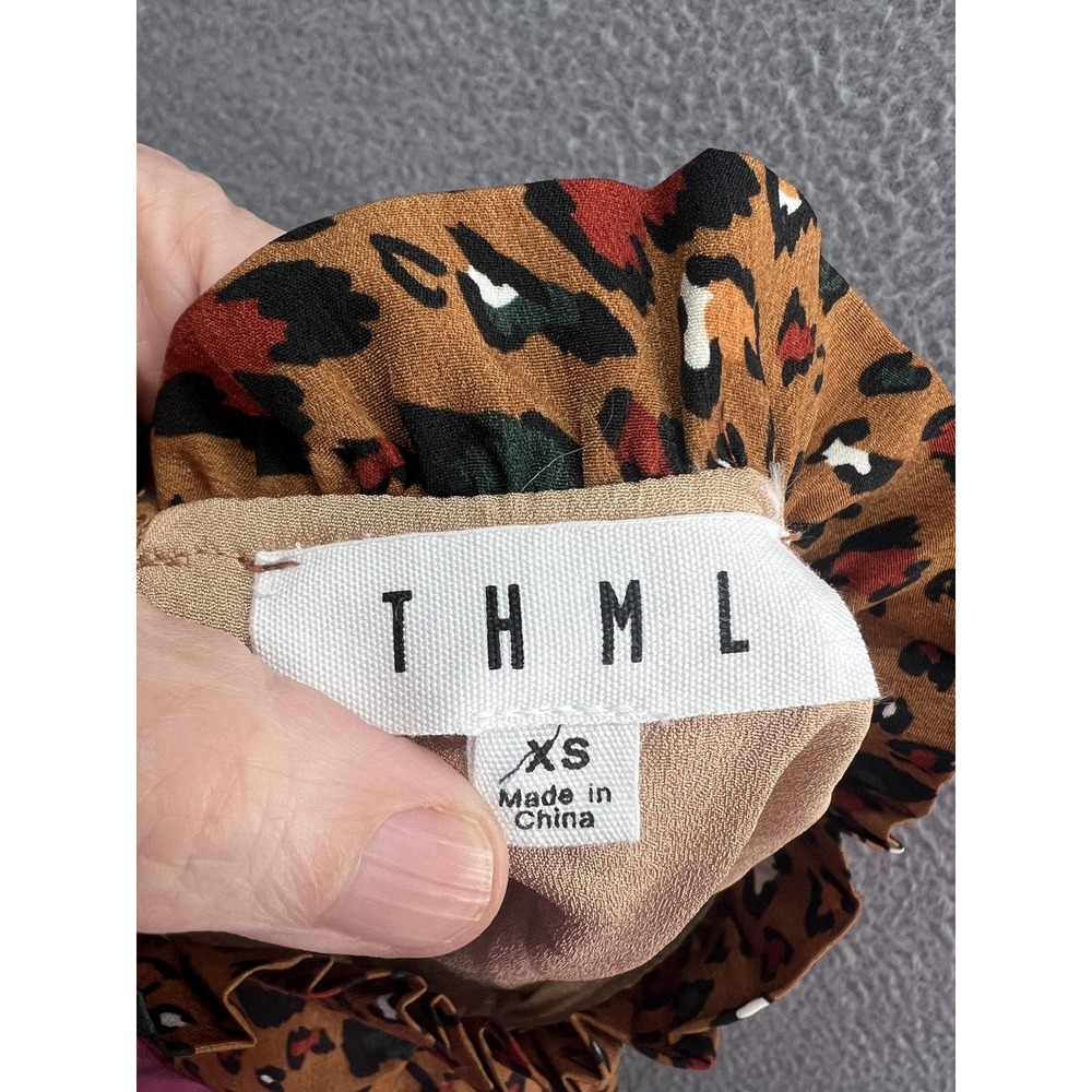 THML Dress Womens XS Animal Print Ruffle Sleeve High Neck Knee Length A-Line - Picture 12 of 13